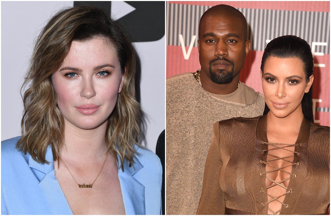 Ireland Baldwin wearing blue and in front of a white background, Kanye West and Kim Kardashian wearing shades of brown and standing in front of a red background