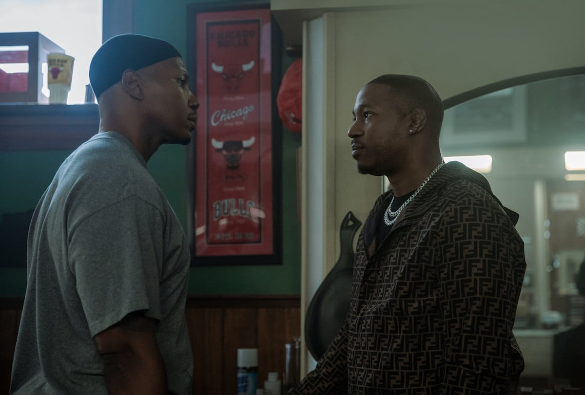Issac Keys as Diamond and Kris D. Lofton as Jenard standing in each others faces in a barbershop in 'Power Book IV: Force'