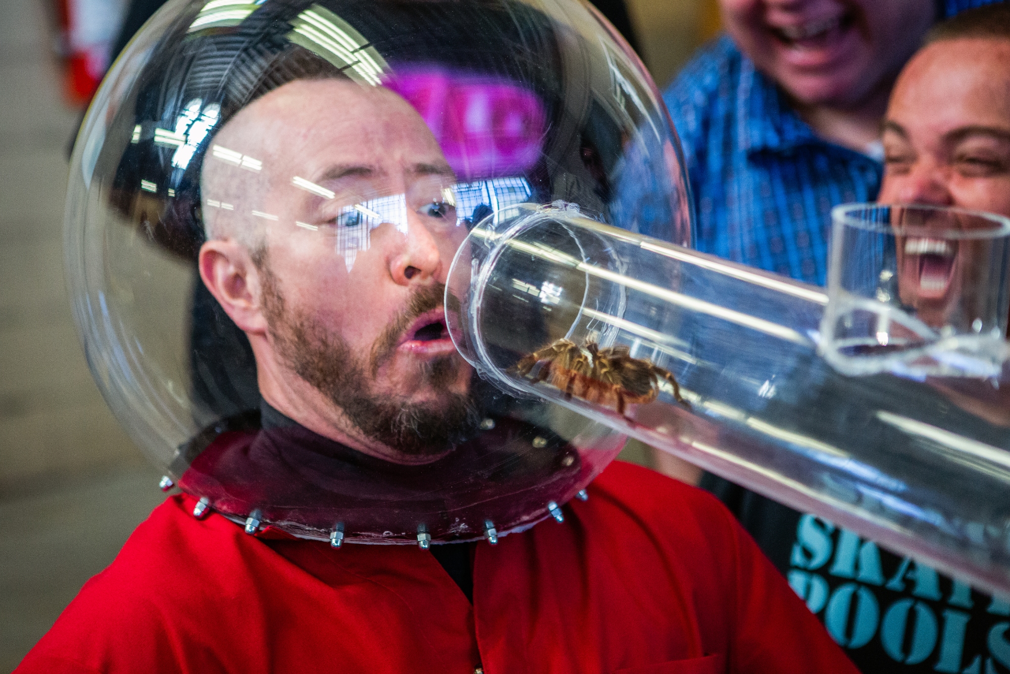 'Jackass Forever' Danger Ehren looking terrified with a spider crawling toward him