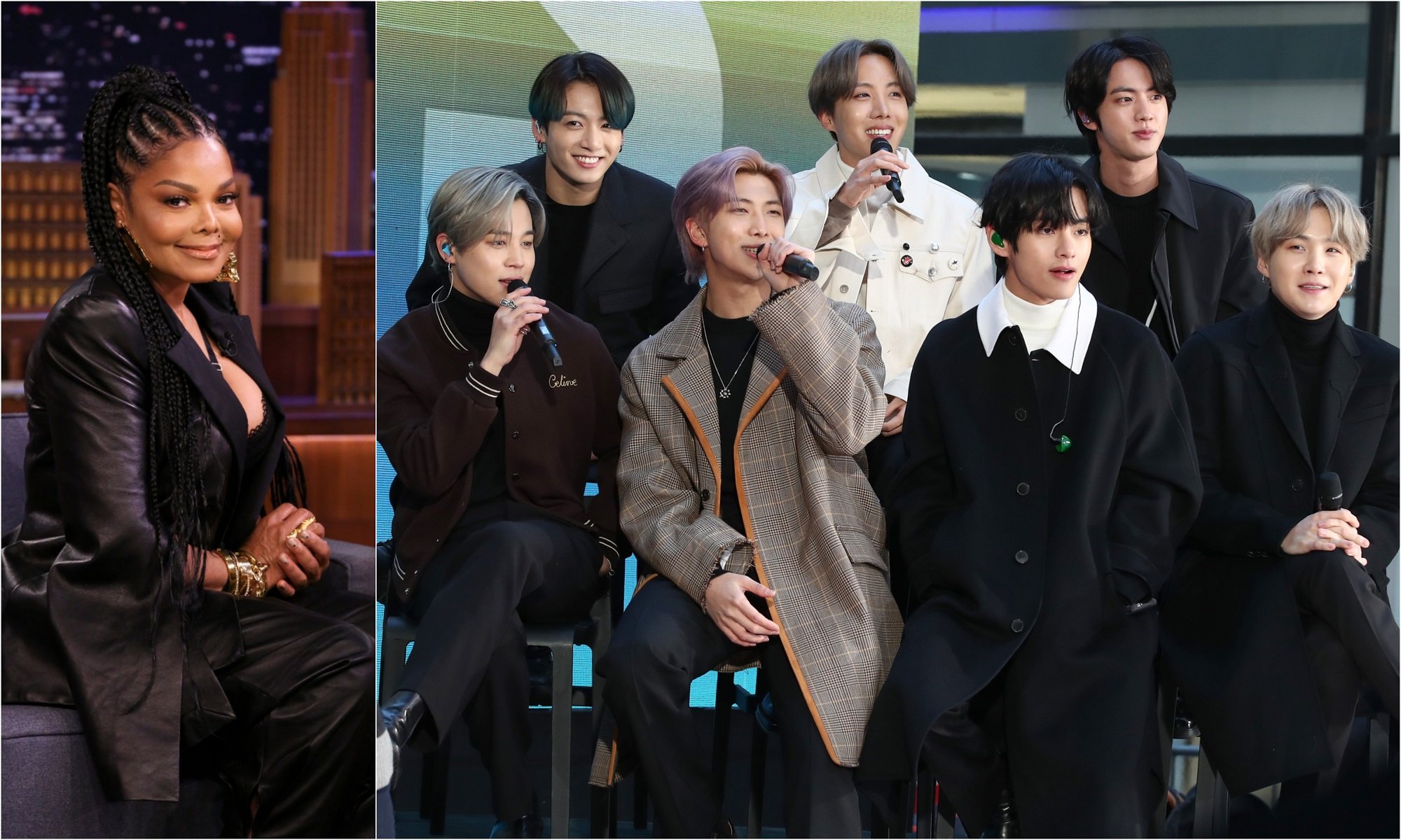 A joined photo of Janet Jackson and the members of BTS
