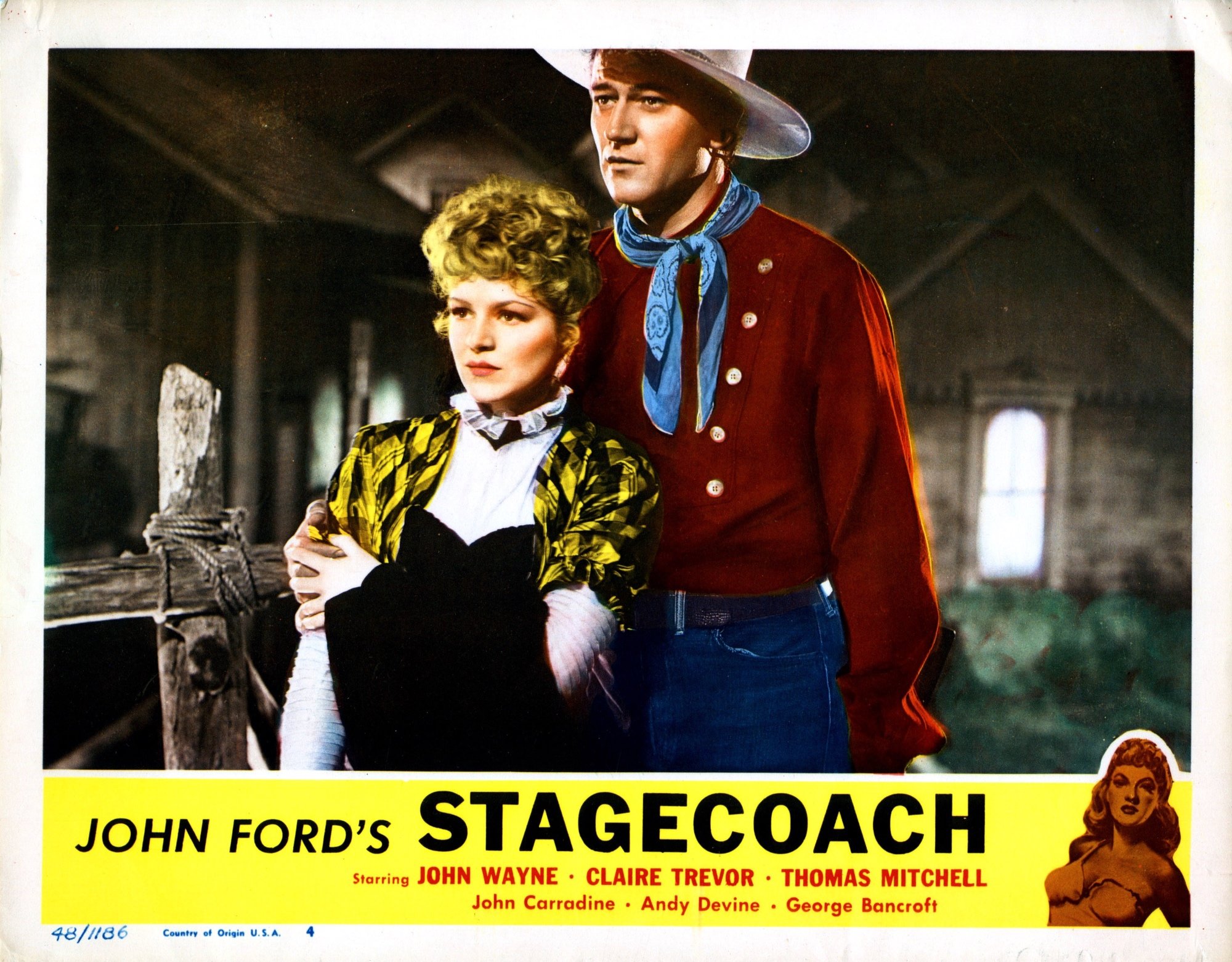 John Ford film 'Stagecoach' Claire Trevor as Dallas and John Wayne as Ringo Kid standing with his arm around her
