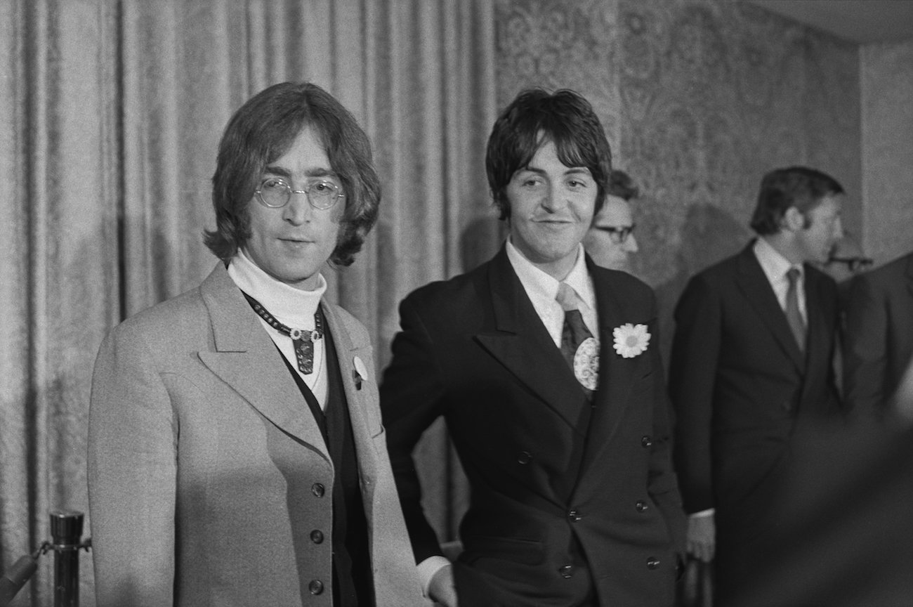 John Lennon and Paul McCartney at a press conference in New York City, 1968.