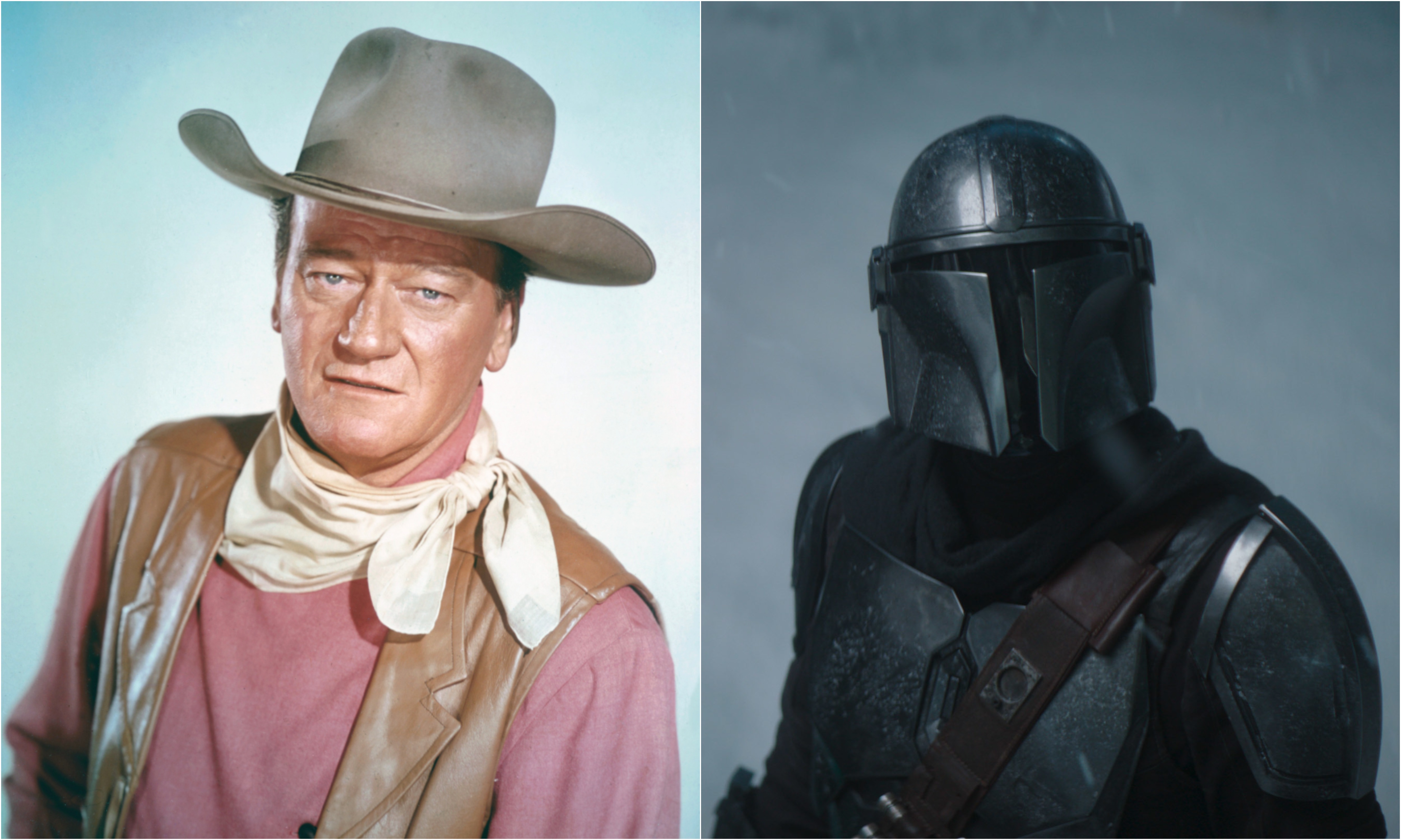 A joined photo of John Wayne and Pedro Pascal in The Mandalorian