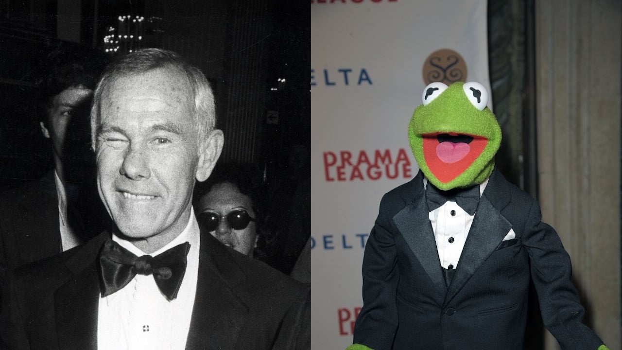(L) Black and white photo of Johnny Carson in a tuxedo, winking (L) Kermit the Frog puppet in a black and white tuxedo