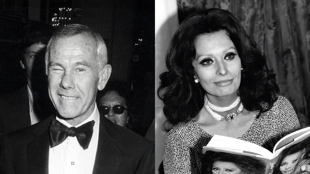 (L) Johnny Carson gives a wink in a black tuxedo (R) Sophia Loren reads a copy of her book