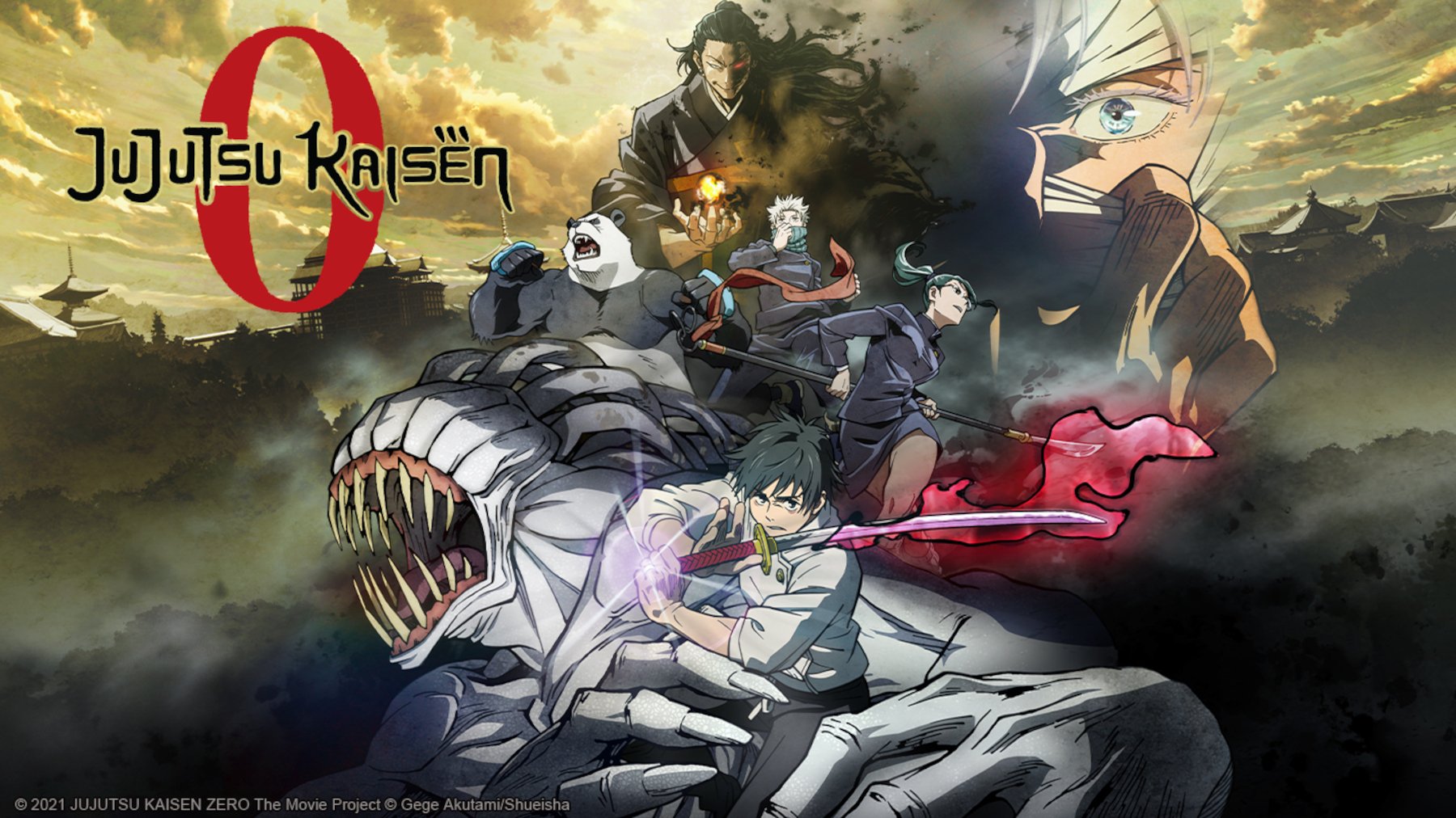 Key art for 'Jujutsu Kaisen 0.' It features Yuta, Rika, Gojo, and the supporting characters from the film.