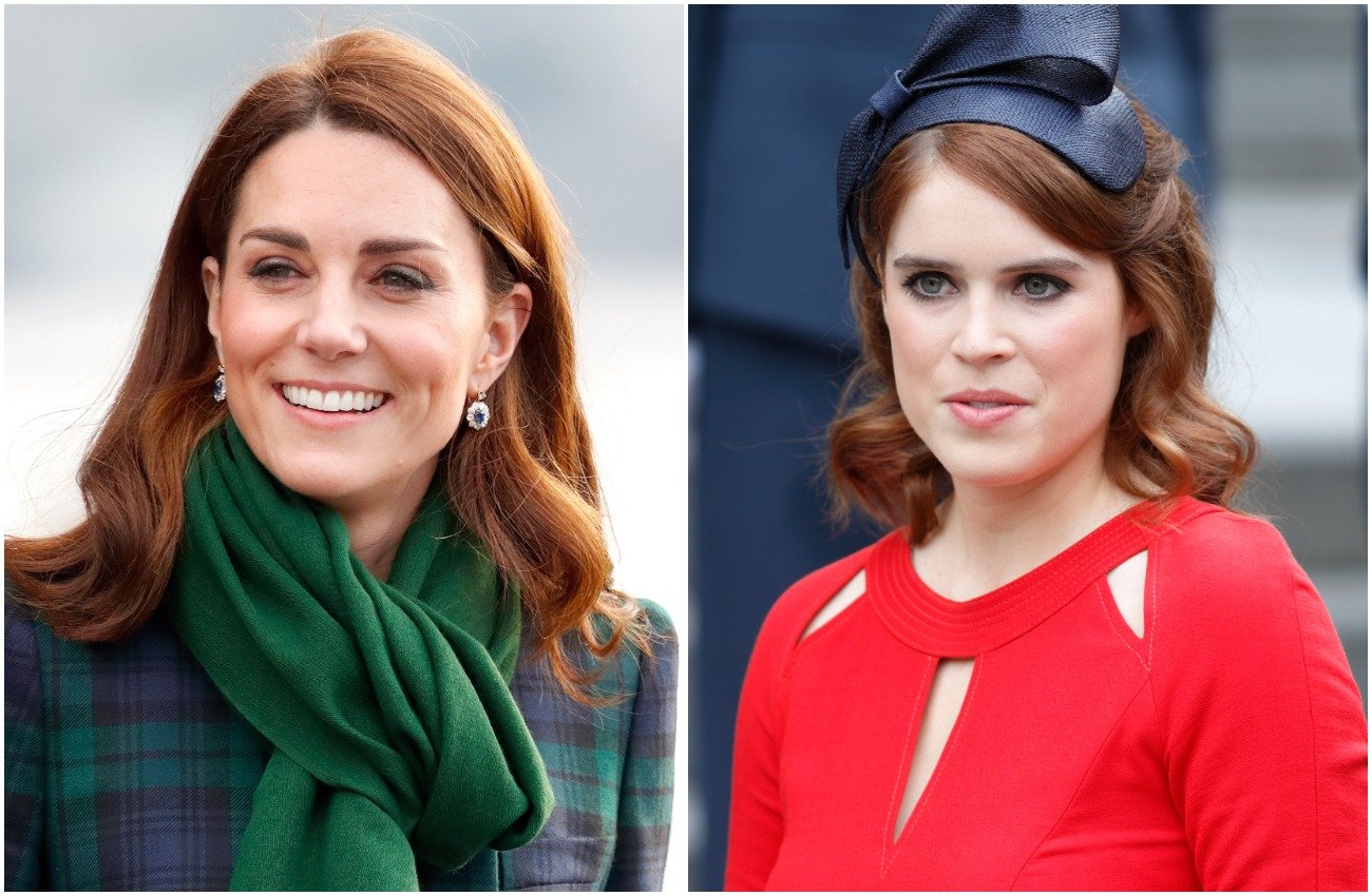 Kate Middleton wearing a dark outfit with a green scarf, Princess Eugenie wearing a red outfit and a dark blue fascinator