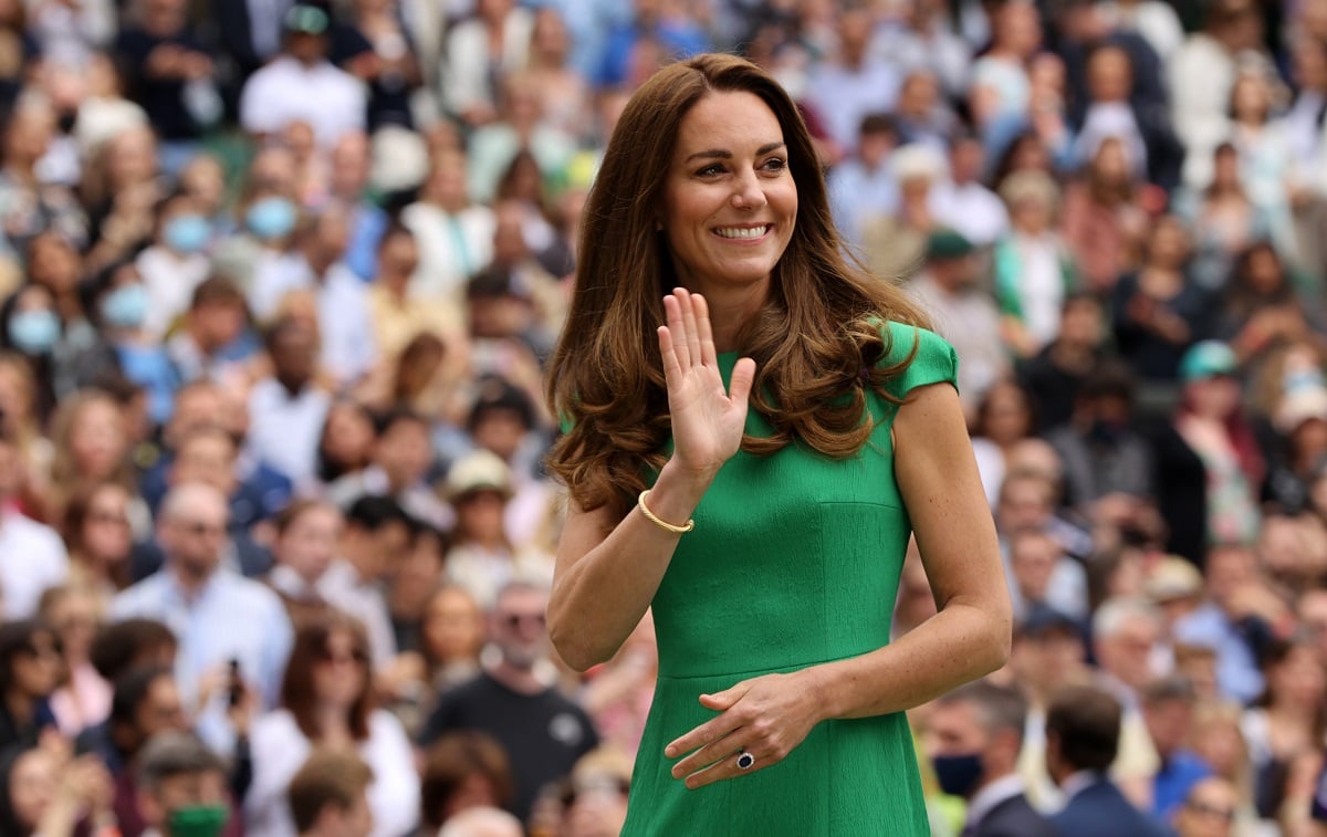 Kate Middleton waves to the crowd after the Wimbledon Ladies' Singles Final match in 2021