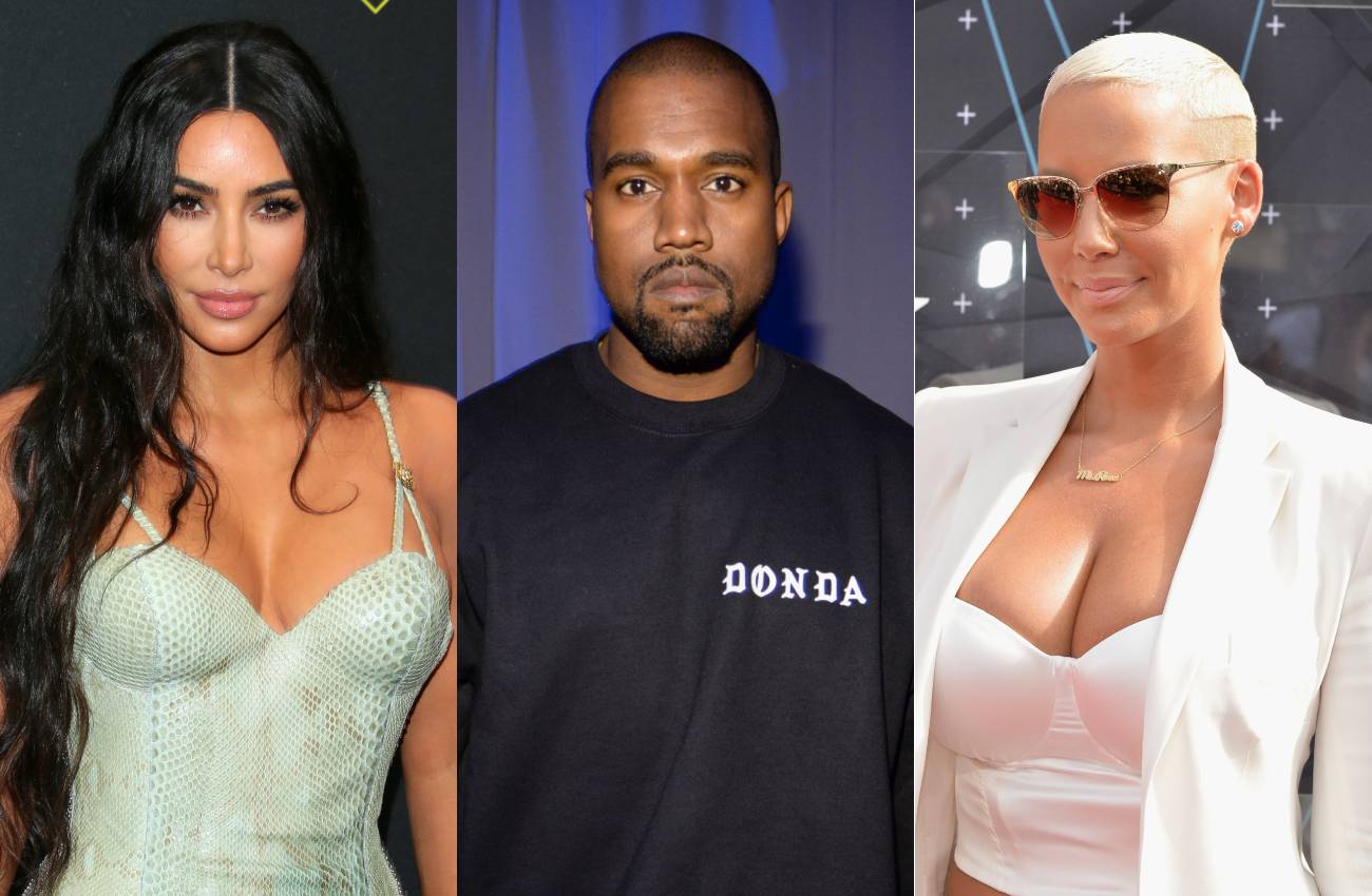 Kim Kardashian wearing a green low-cut dress in front of a black background, Kanye West wearing a black shirt and looking on, Amber Rose wearing a white blazer and pink cropped top with sunglasses