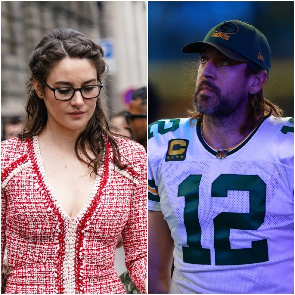 (L): Shailene Woodley looking down at Paris Fashion Week (R): Aaron Rodgers looking on prior to a game against the Detroit Lions