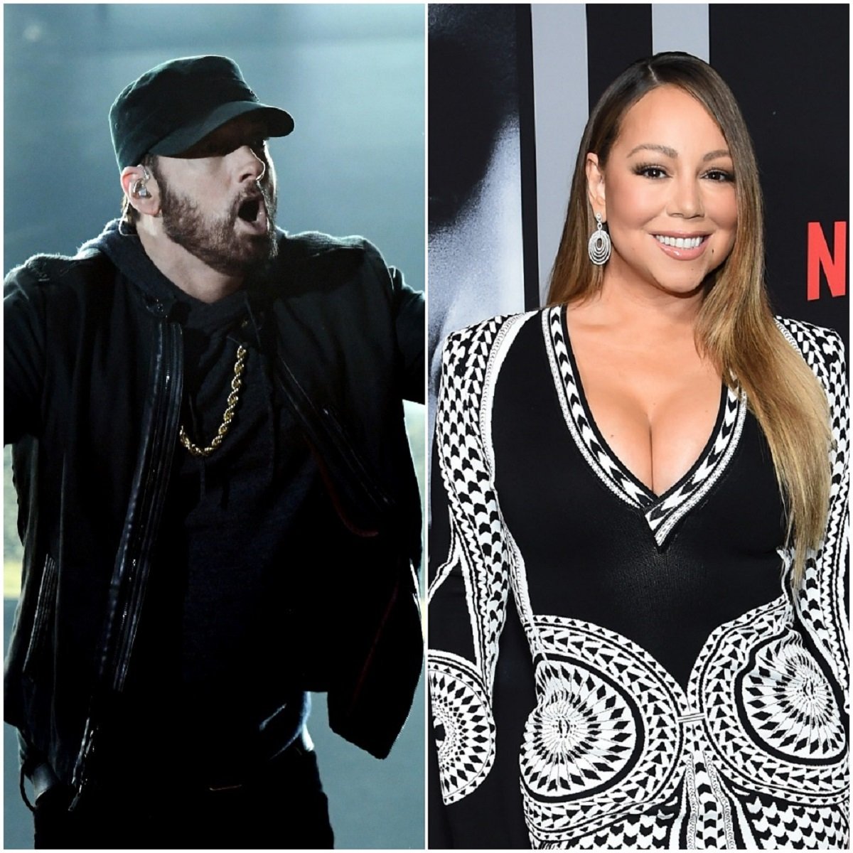 (L): Eminem performs onstage during the 92nd Annual Academy Awards, (R): Mariah Carey smiles for photo at the premiere of Tyler Perry's ‘A Fall From Grace’