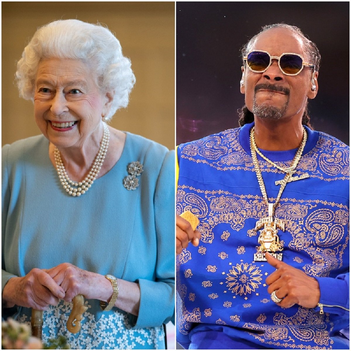 (L) Queen Elizabeth II holding a walking stick, (R) Snoop Dogg performing during Super Bowl Halftime Show