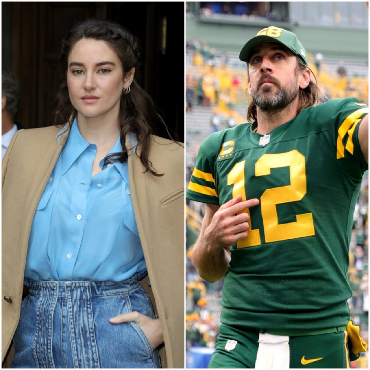 (L): Shailene Woodley dressed in blue blouse, jeans, and tan coat (R): Aaron Rodgers celebrating with his finger in the air after winning game