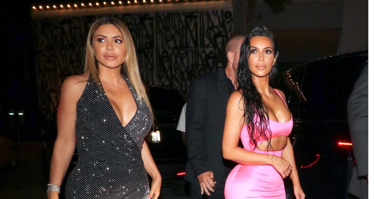 RHOM Larsa Pippen in a short black dress and Kim Kardashian in a revealing pink dress are seen on August 09, 2018 in Los Angeles, California