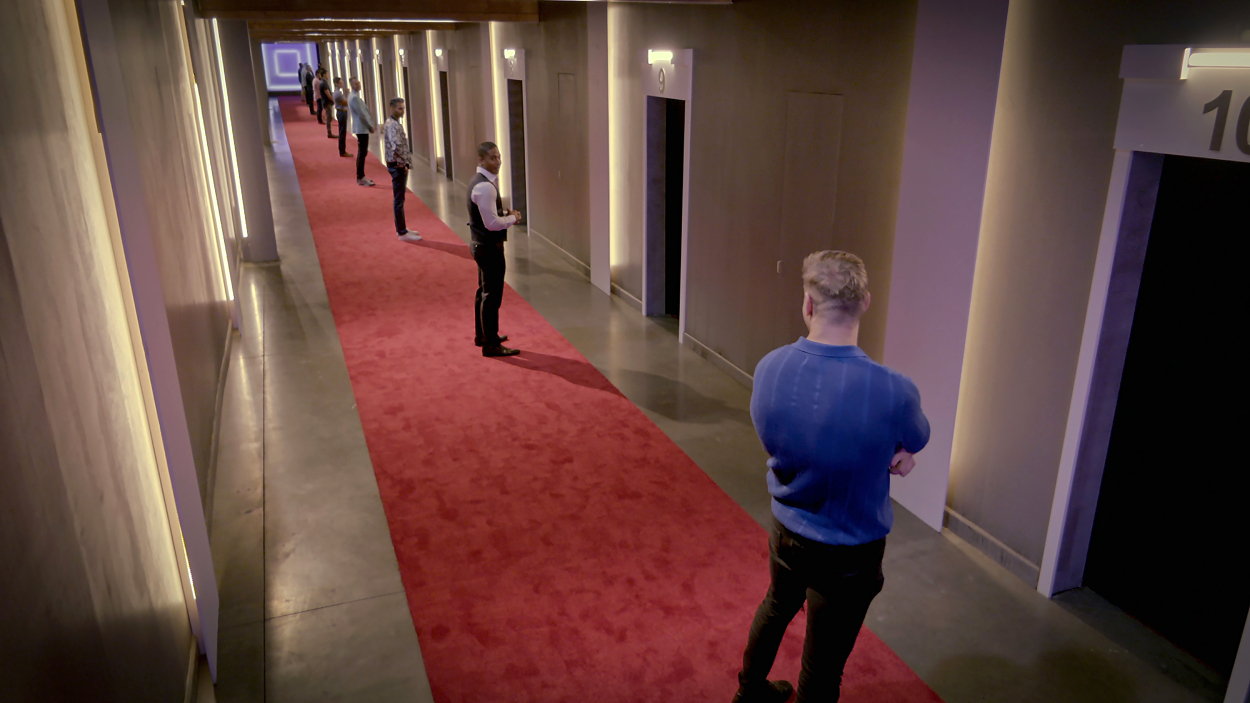 Male contestants standing outside of pods during 'Love is Blind' Season 2 premiere