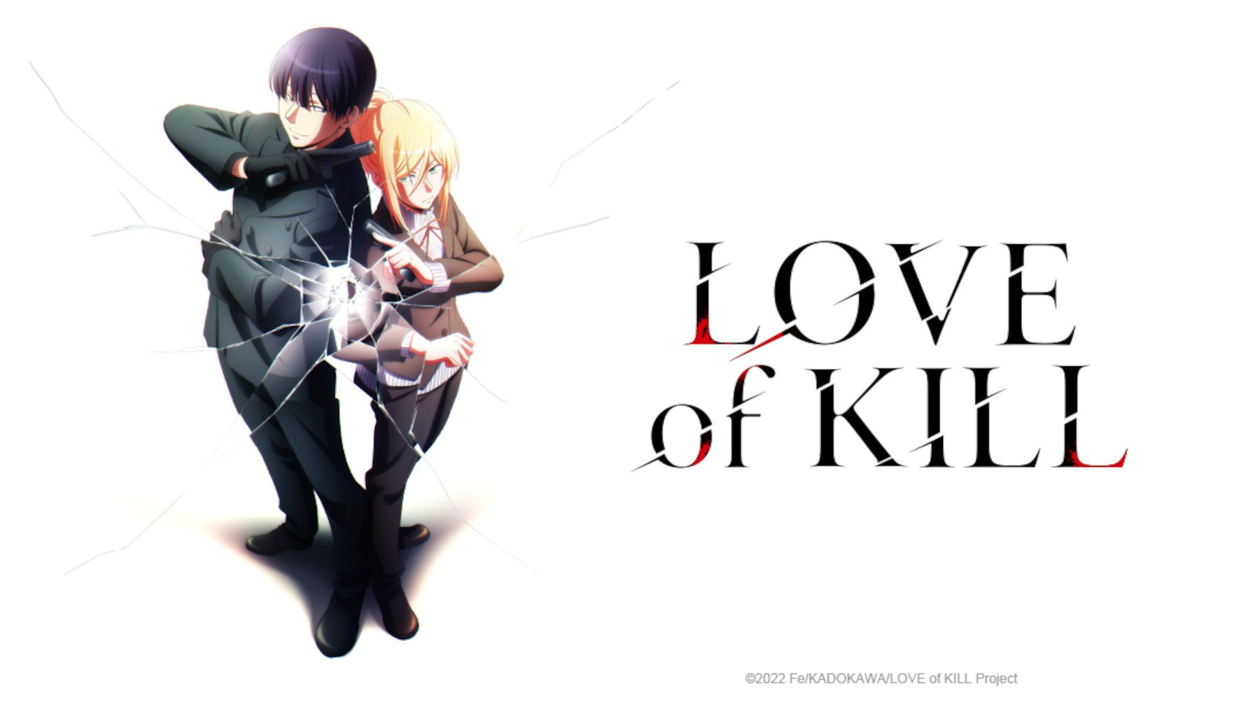 Key art for 'Love of Kill' romance anime. It features the series' name, as well as Chateau Dankworth and Song Ryang-ha standing back to back.