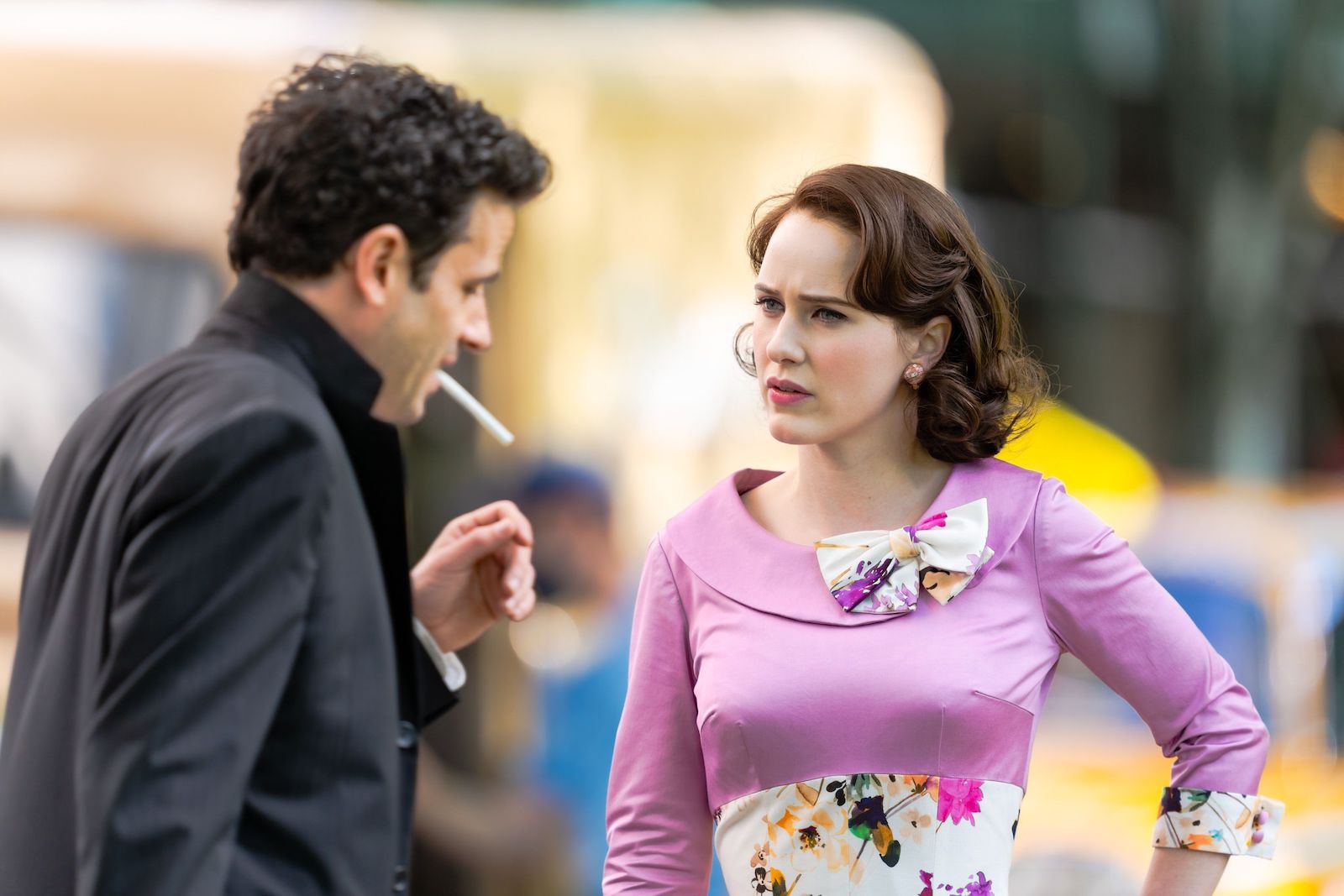 Luke Kirby and Rachel Brosnahan on set filming 'The Marvelous Mrs. Maisel'