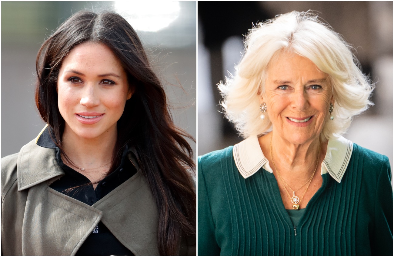 Meghan Markle looking on while wearing gray and black, Camilla Parker Bowles smiling while wearing a green outfit