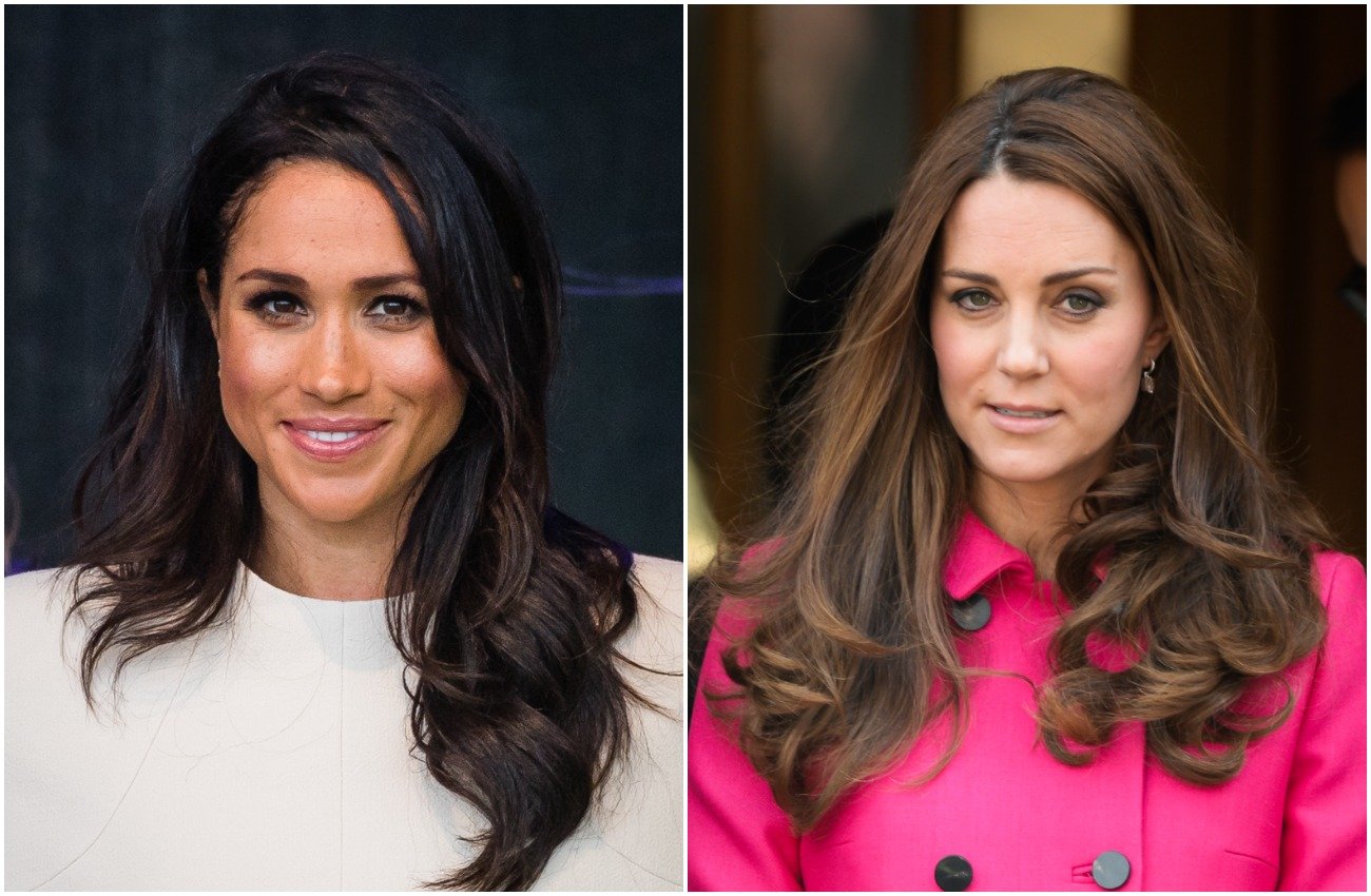 Meghan Markle looking on in a white outfit, Kate Middleton looking on in a pink coat