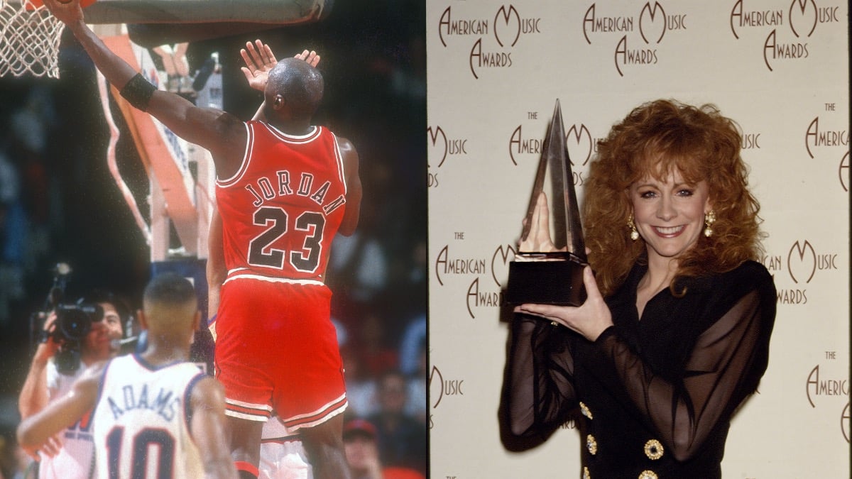 (L) Michael Jordan #23 of the Chicago Bulls drives to the basket during a NBA basketball game in 1992; (R) Reba McEntire smiles and holds up an American Music Award in 1993.