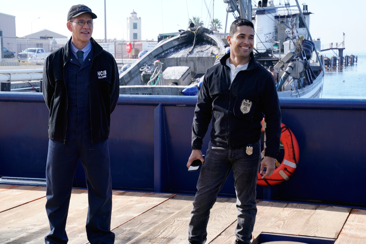 NCIS Brian Dietzen and Wilmer Valderrama in costume as Jimmy Palmer and Agent Torres on the set of the CBS hit