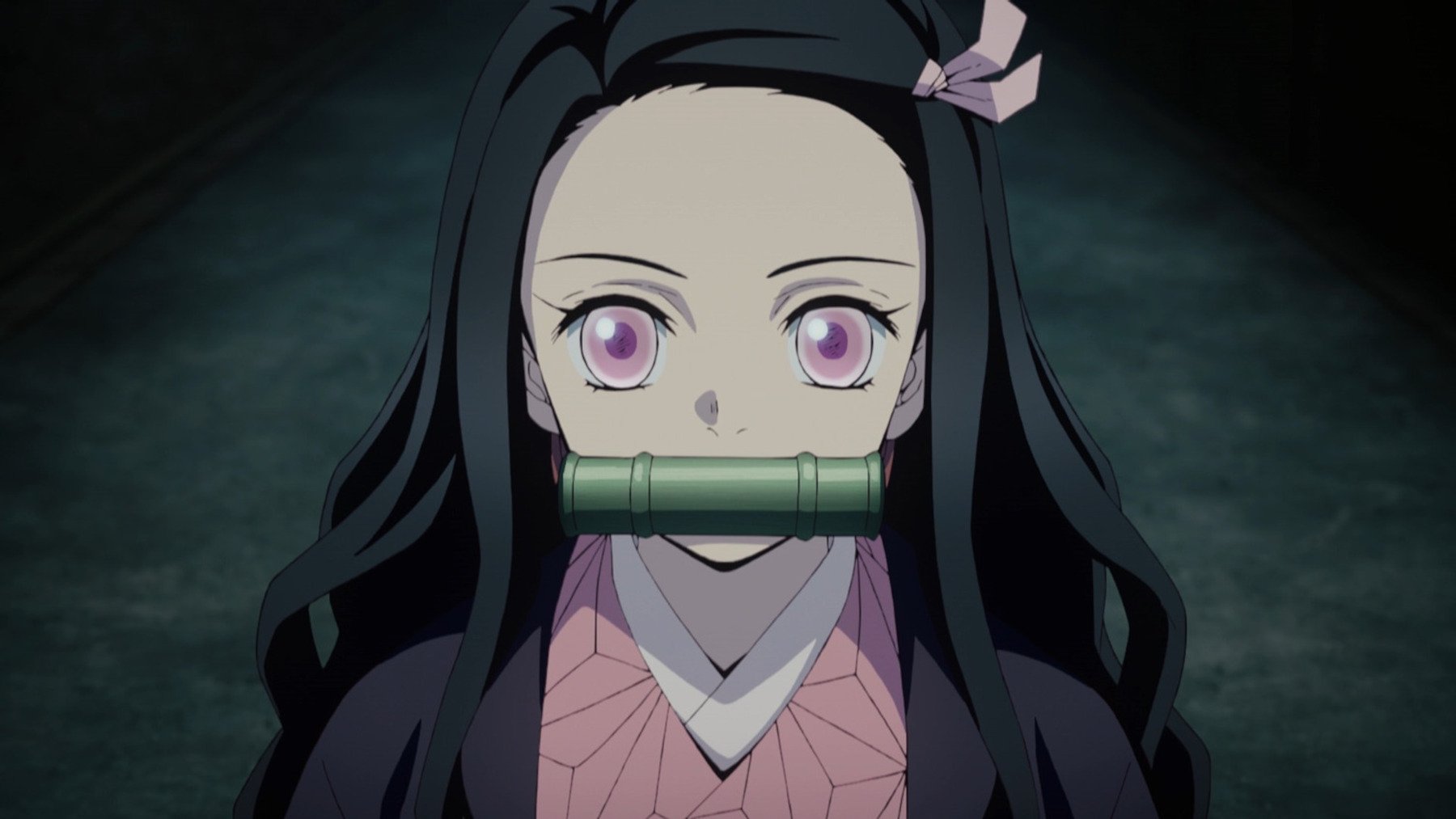 Nezuko in 'Demon Slayer' Season 1. She's wearing her pink kimono and has bamboo in her mouth.