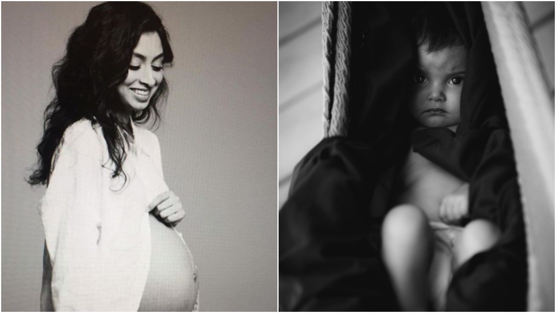 Nikita Singh poses while pregnant and a photo of daughter Leela while still an infant 