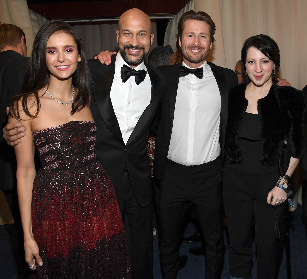 Nina Dobrev, Keegan-Michael Key, Glen Powell, and Elisa Key smile for a photo at the 2020 InStyle Golden Globe Awards Post-Party