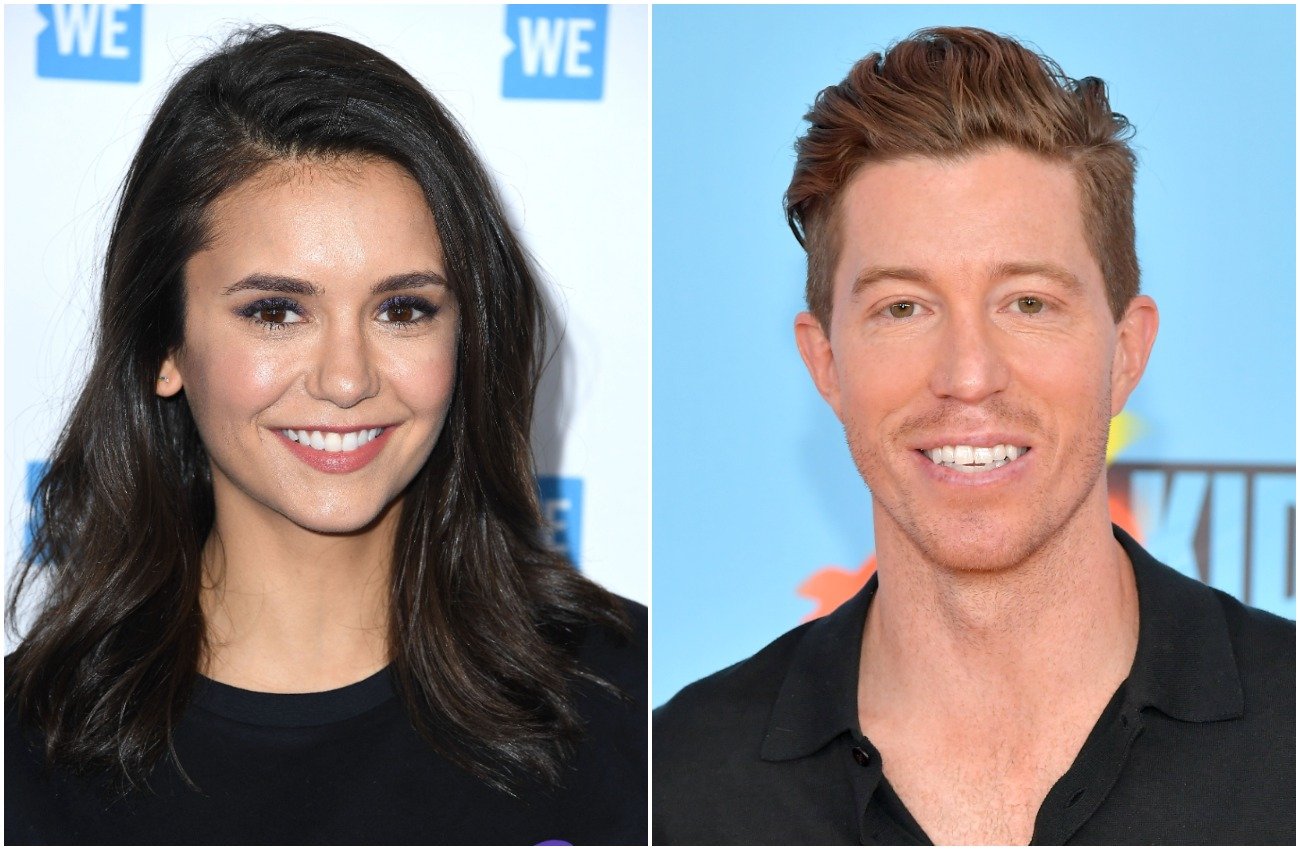 Nina Dobrev smiling in front of a white background, Shaun White smiling in front of a blue background