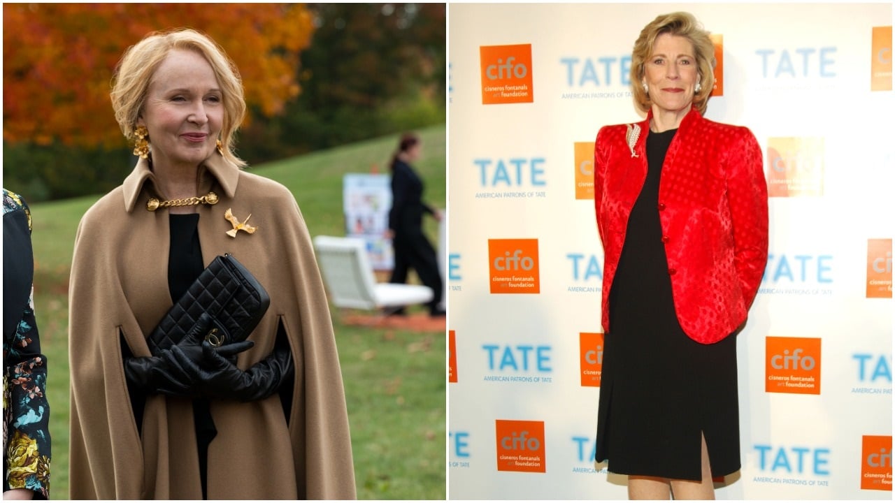 Kate Burton portrays Nora Radford in 'Inventing Anna' on the left and Agnes Gund posing for photographers on the right