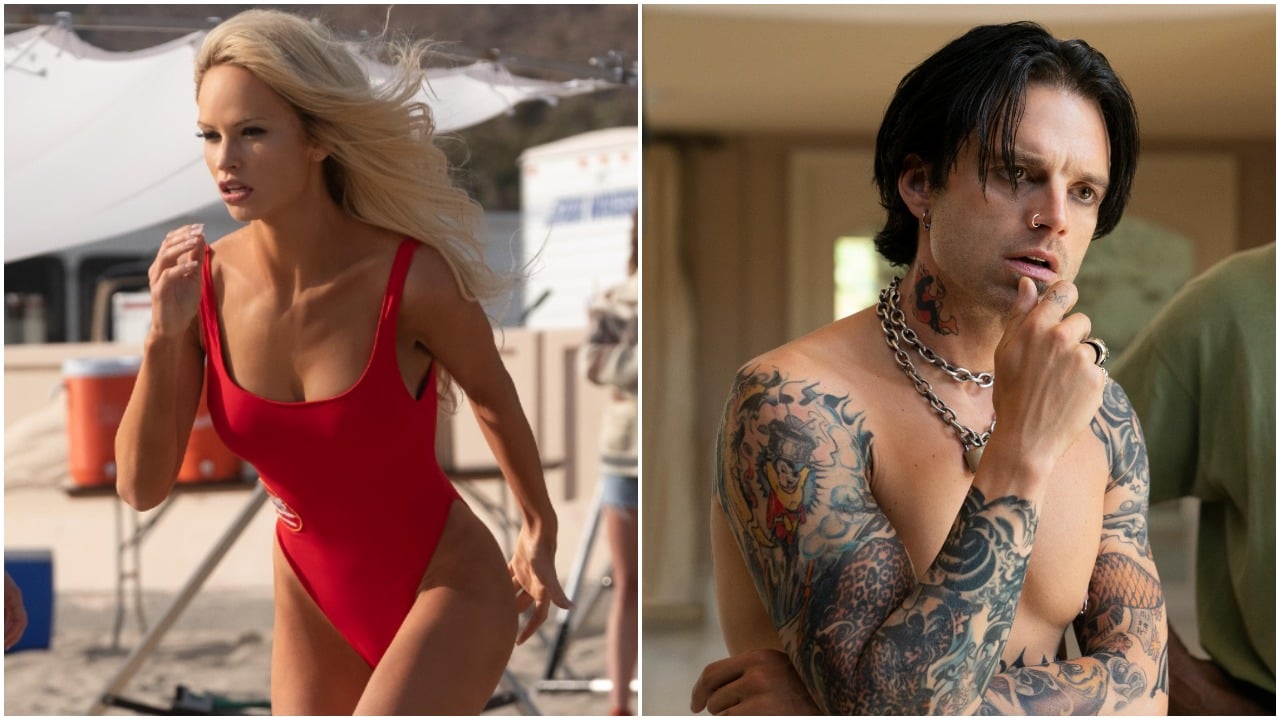 Pam Anderson (Lily James) filming 'Baywatch' in 'Pam and Tommy'; Tommy Lee (Sebastian Stan) looking puzzled with his shirt off