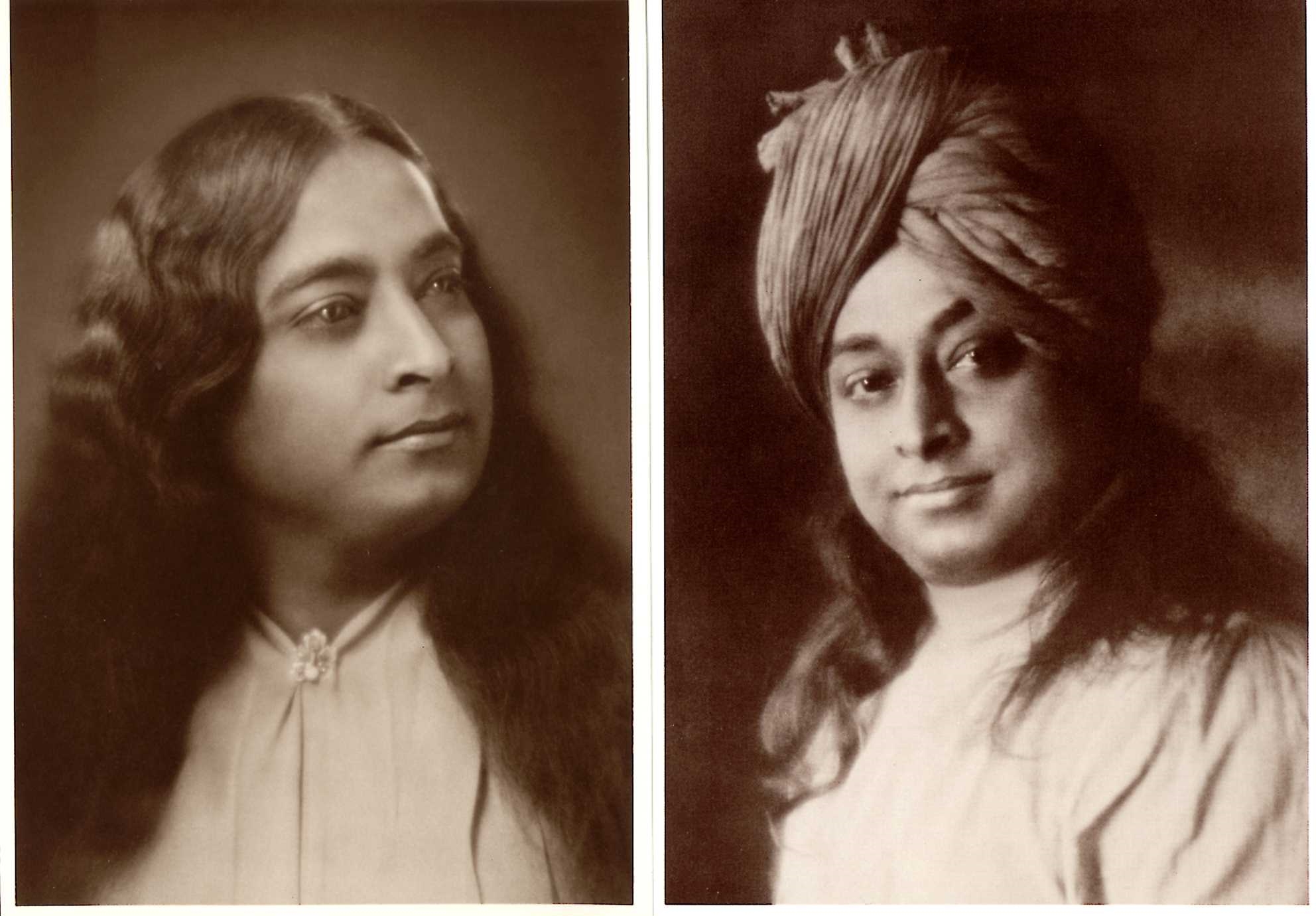 Two black-and-white head shots of Paramahansa Yogananda