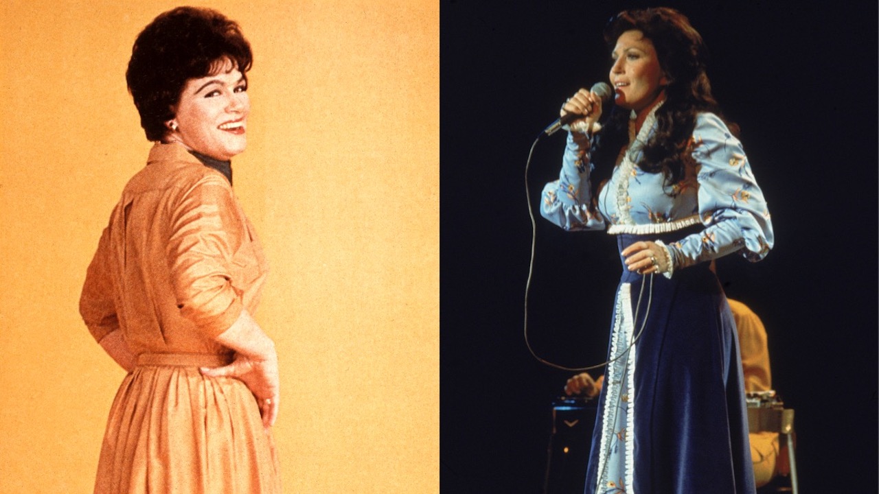 (l) Patsy Cline looks over her shoulder, hands on hips and wearing a yellow dress; (r) Loretta Lynn in a blue floral dress, singing into a microphone.