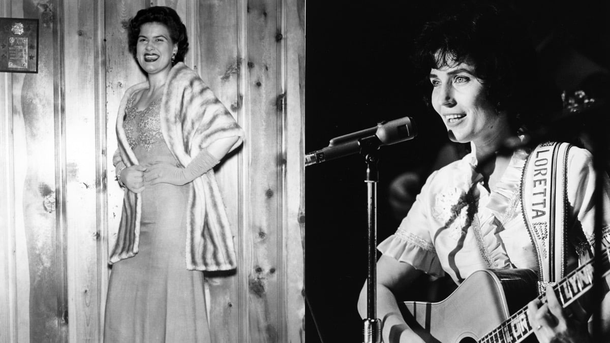 Side by side black and white photos of friends, (L) Patsy Cline posing in a dress and (R) Loretta Lynn singing into a microphone