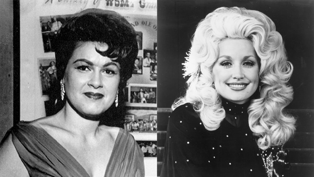 Black and white photos (L) Patsy Cline smiles for a picture c. 1963 (R) Dolly Parton poses for a portrait c. 1976
