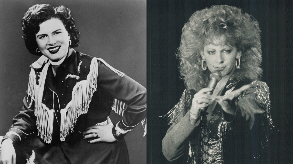 (L) Patsy Cline posing in a fringe cowgirl dress (R) Reba McEntire singing into a microphone c. 1988