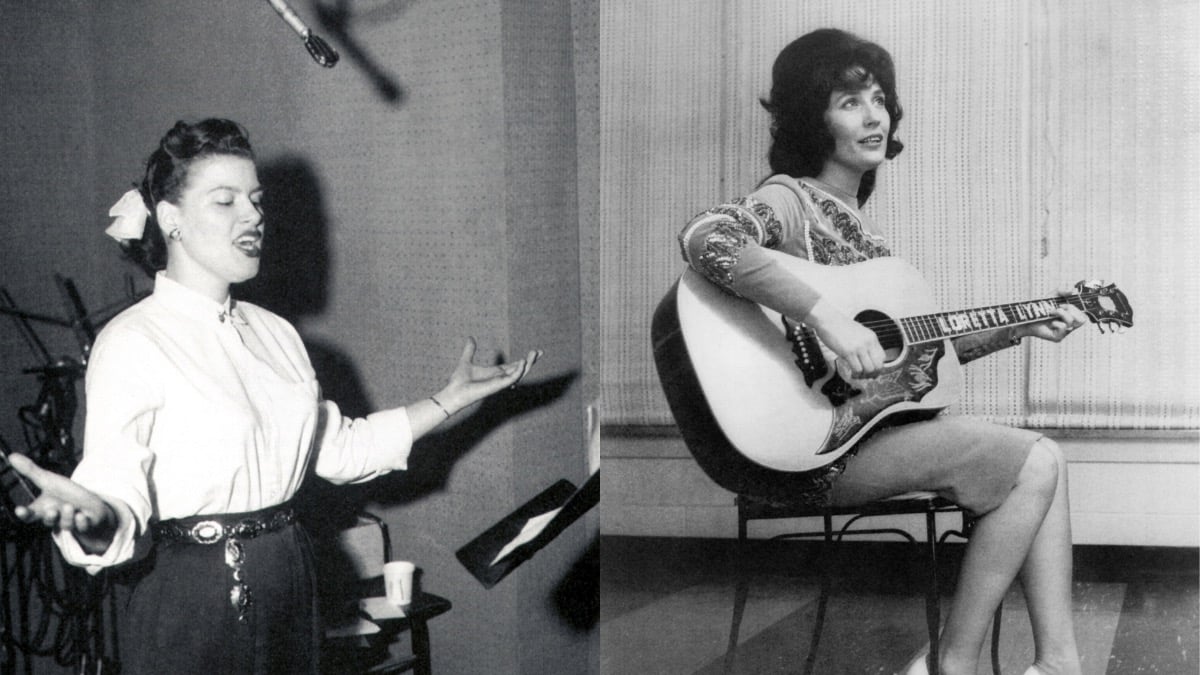Black and white photos (L) Patsy Cine sings into a microphone while standing (R) Loretta Lynn holds a guitar while seated