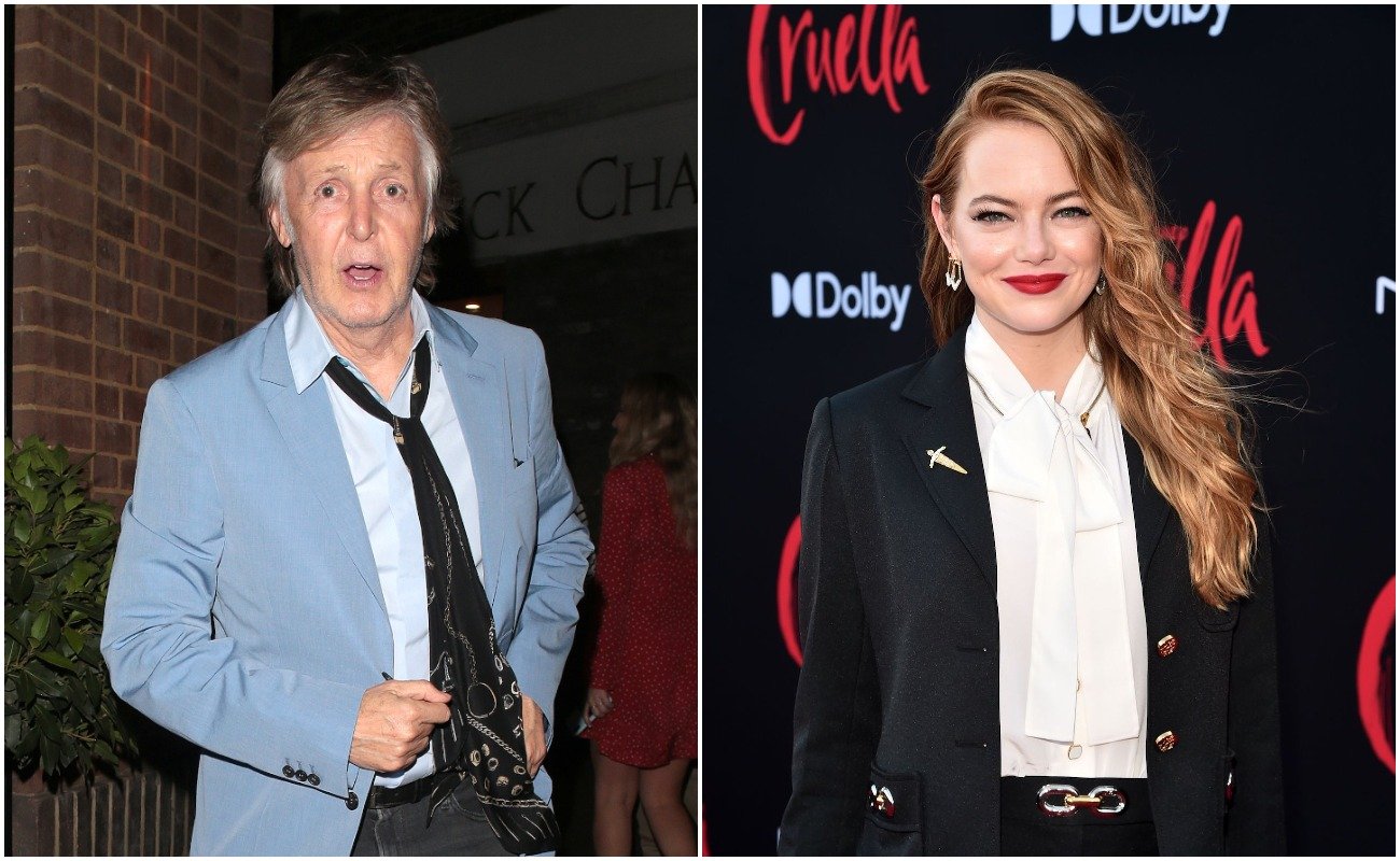 Paul McCartney wearing a blue suit in London, 2018, and Emma Stone wearing a suit at the premiere of 'Cruella' in 2021.