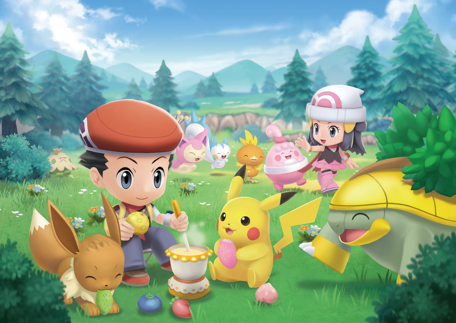 Key art for 'Pokémon Brilliant Diamond' and 'Pokémon Shining Pearl. It sees the game's male and female avatars eating with Pikachu, Eevee, and more Pokémon.