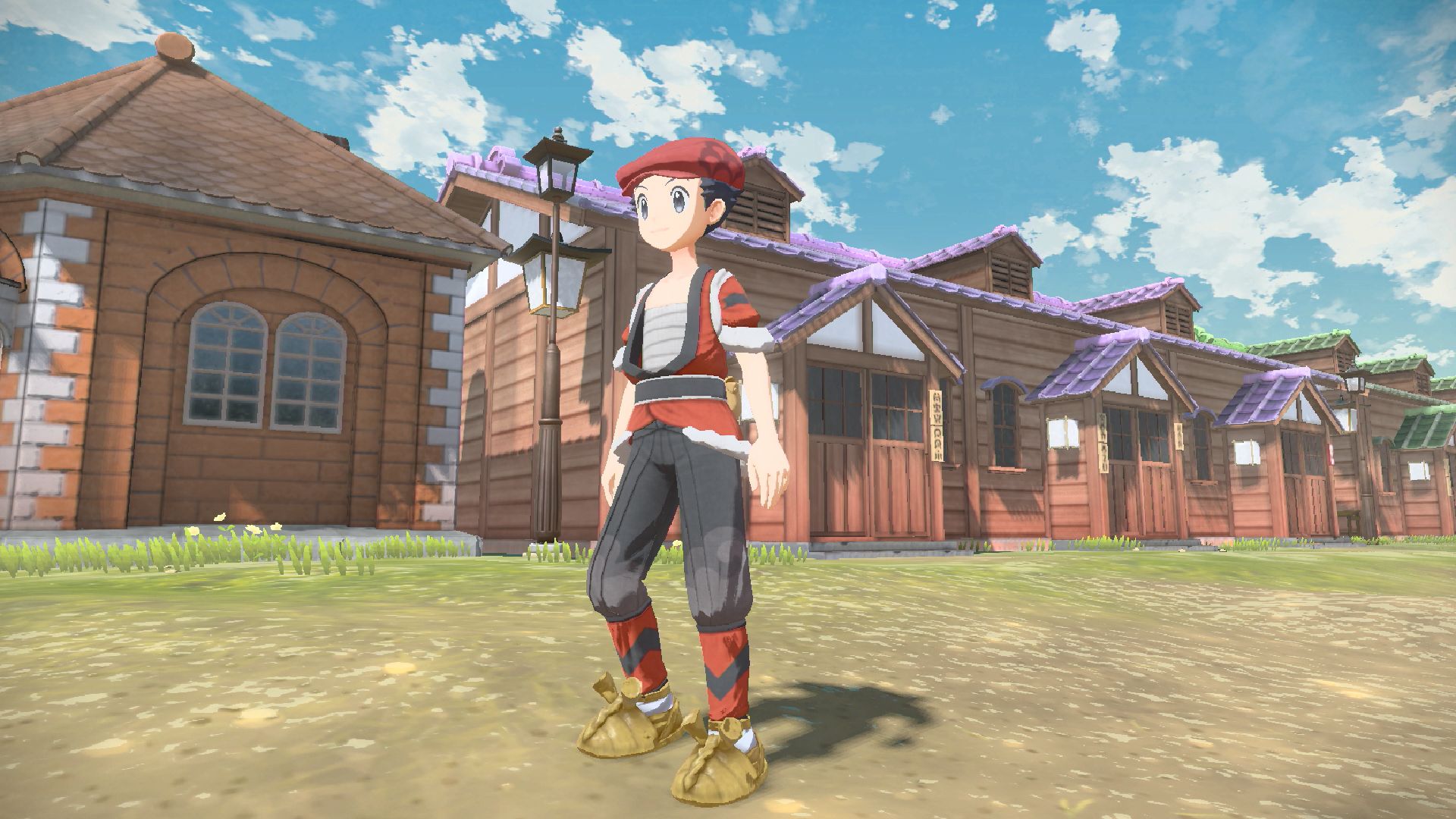 Screenshot of the male avatar in 'Pokémon Legends: Arceus' standing in Jubilife City
