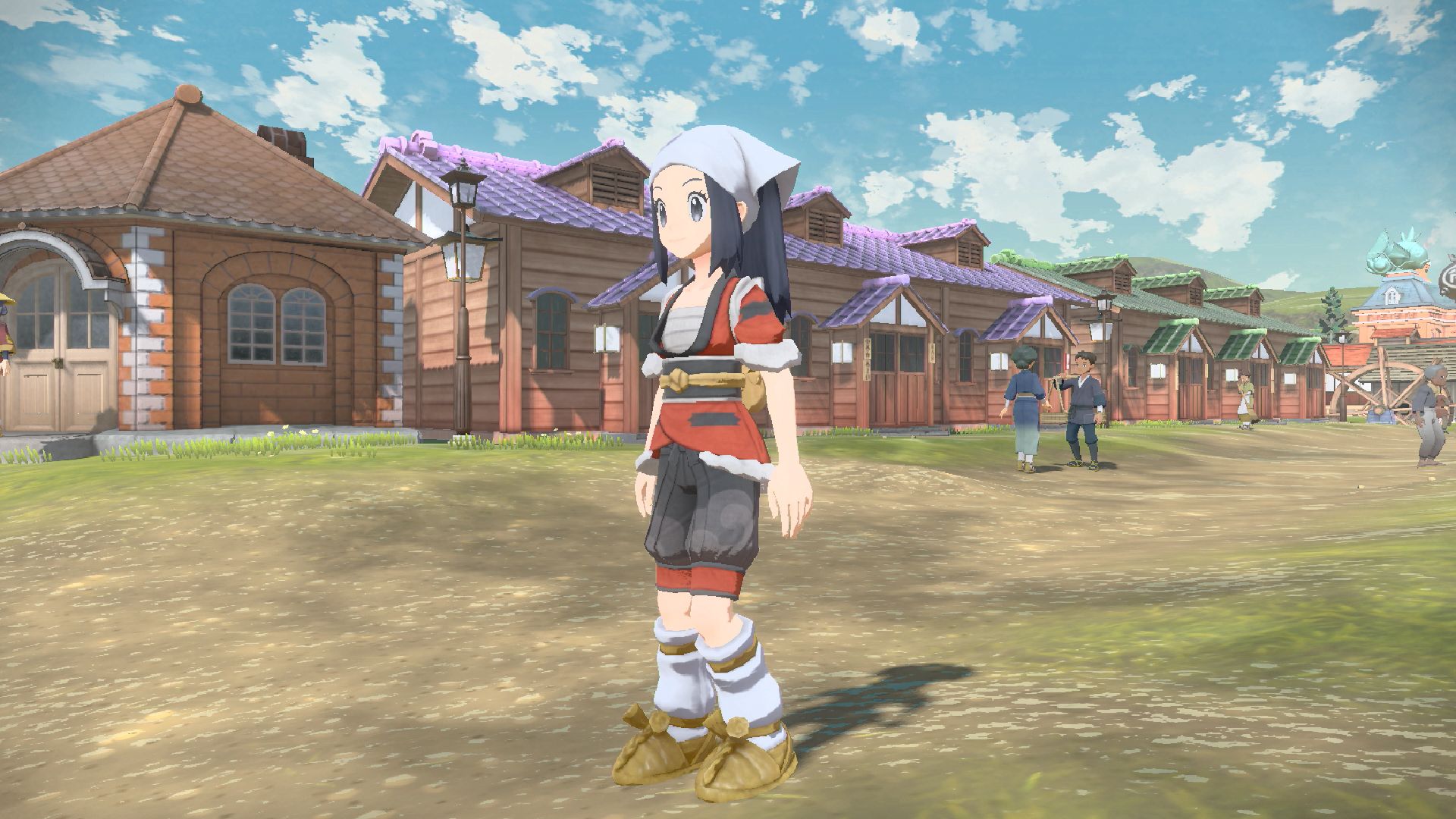 Screenshot of the female avatar in 'Pokémon Legends: Arceus.' She's standing in Jubilife Village.