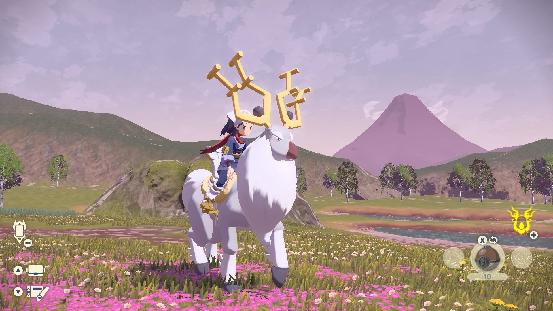 A screenshot of 'Pokémon Legends: Arceus' where the player is riding Wyrdeer