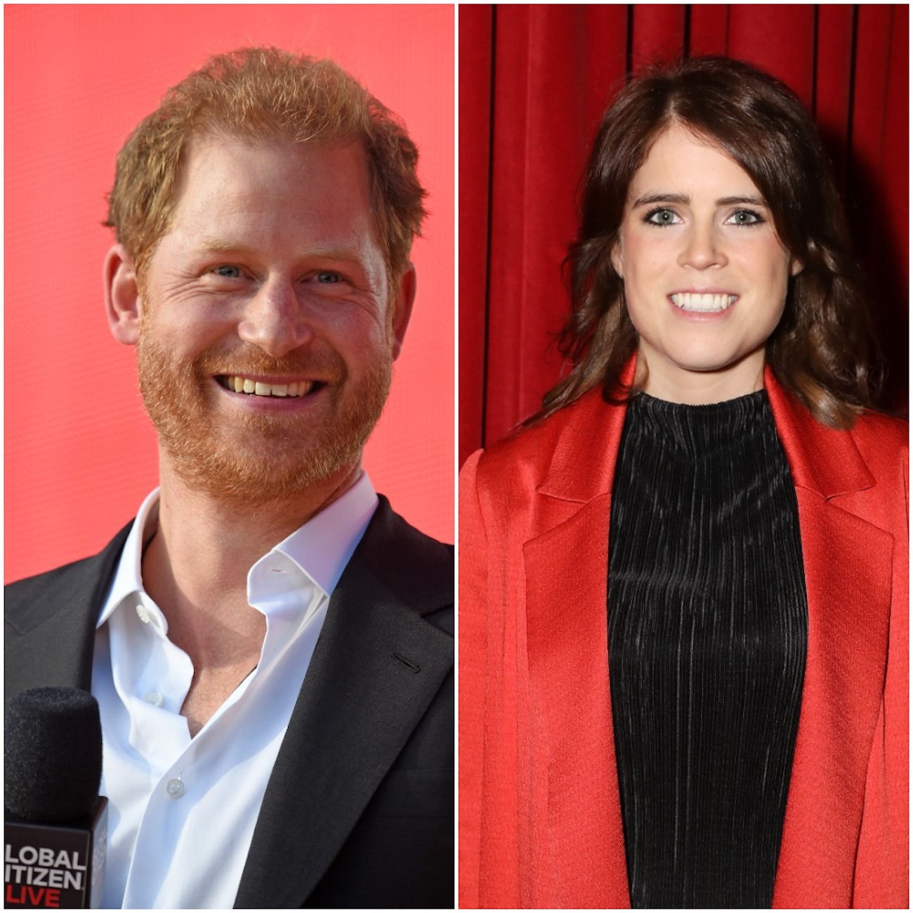 Prince Harry smiles holding a mic; Princess Eugenie smiles wearing a red outfit