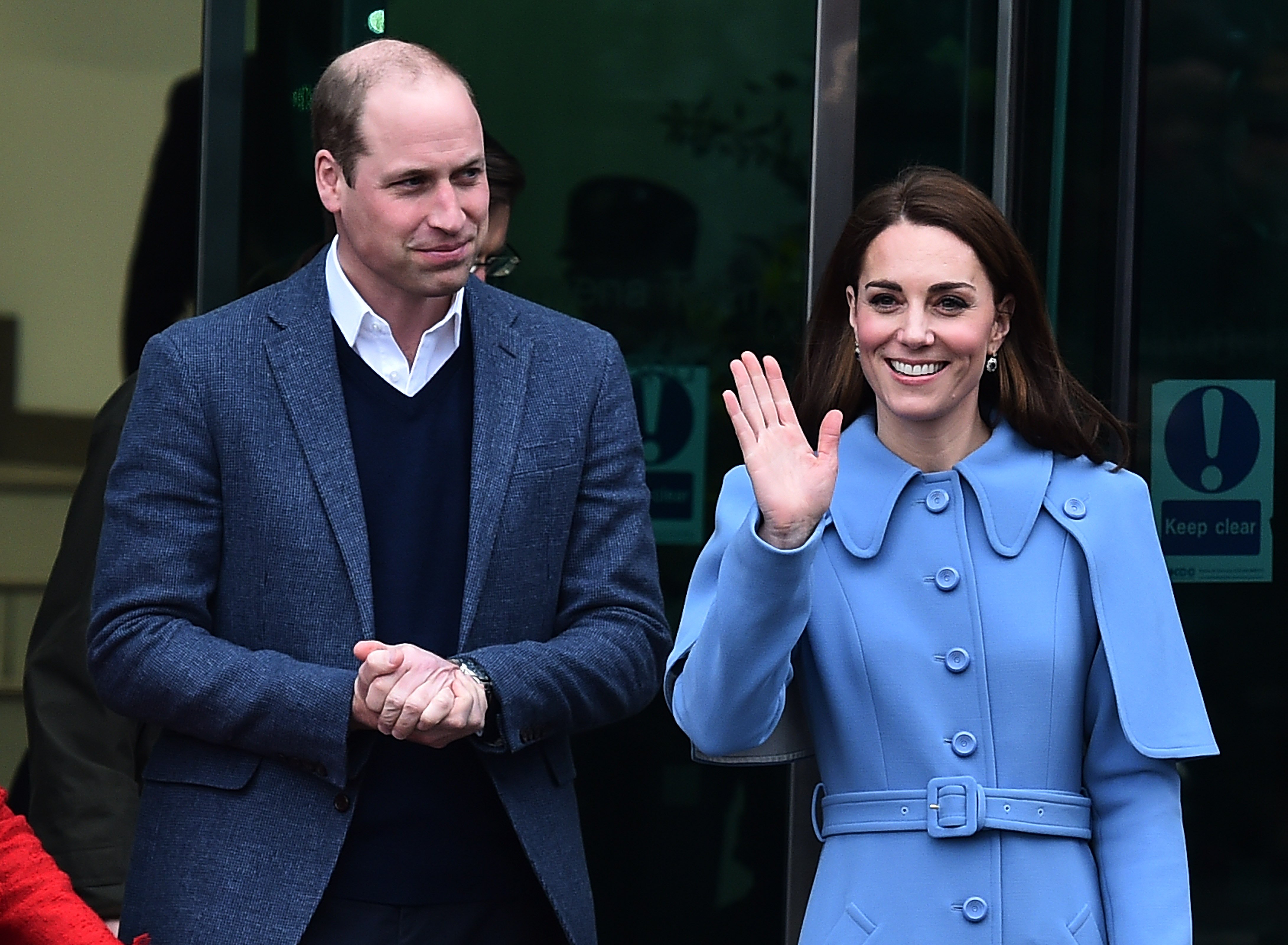 Prince William and Kate Middleton acknowledge crowd ahead of walkabout in Ballymena town centre in Ballymena, Northern Ireland