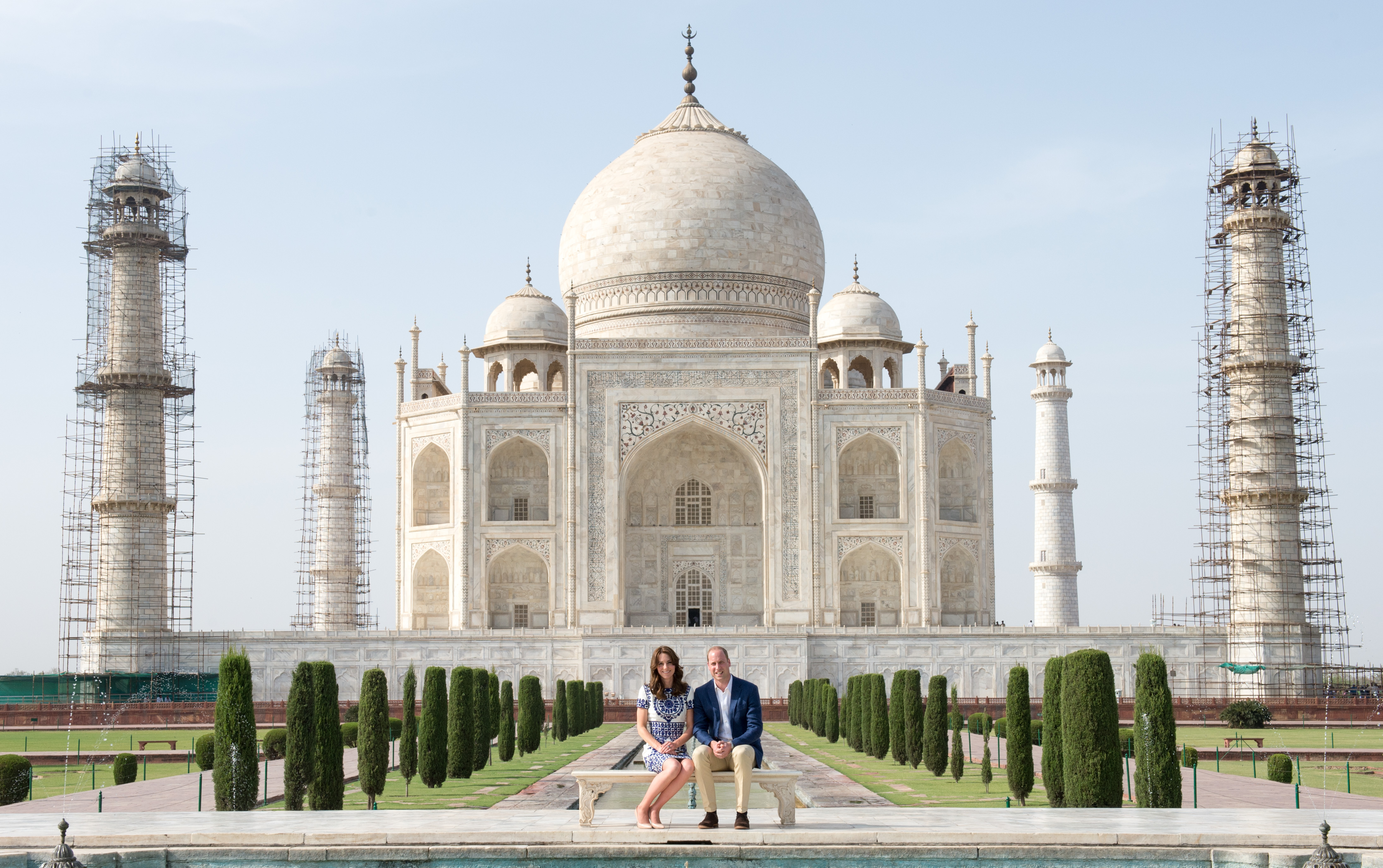 Prince William and Kate Middleton photographed sitting in front of the Taj Mahal during their visit to Agra, India