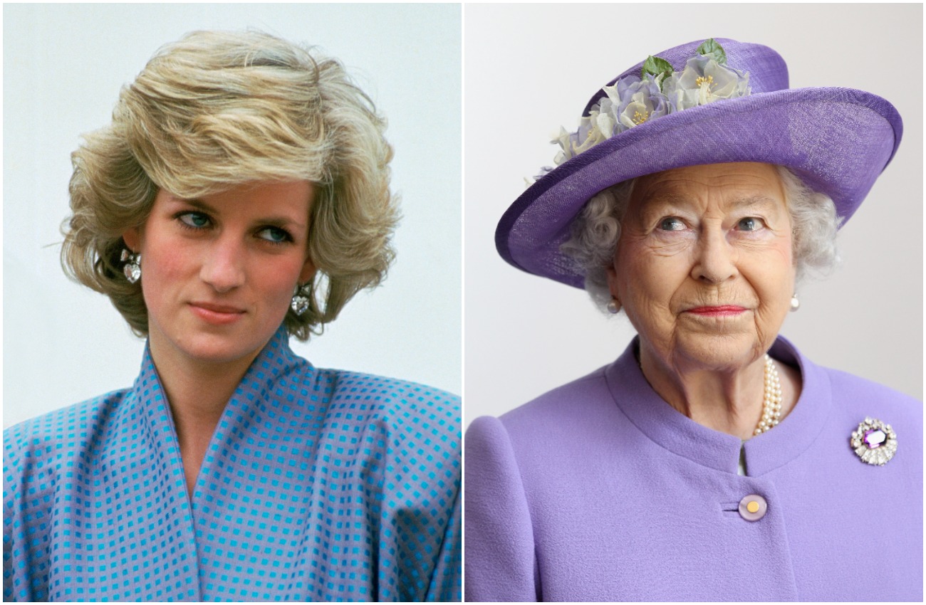 Princess Diana wearing a blue outfit, Queen Elizabeth wearing a purple outfit with a purple hat