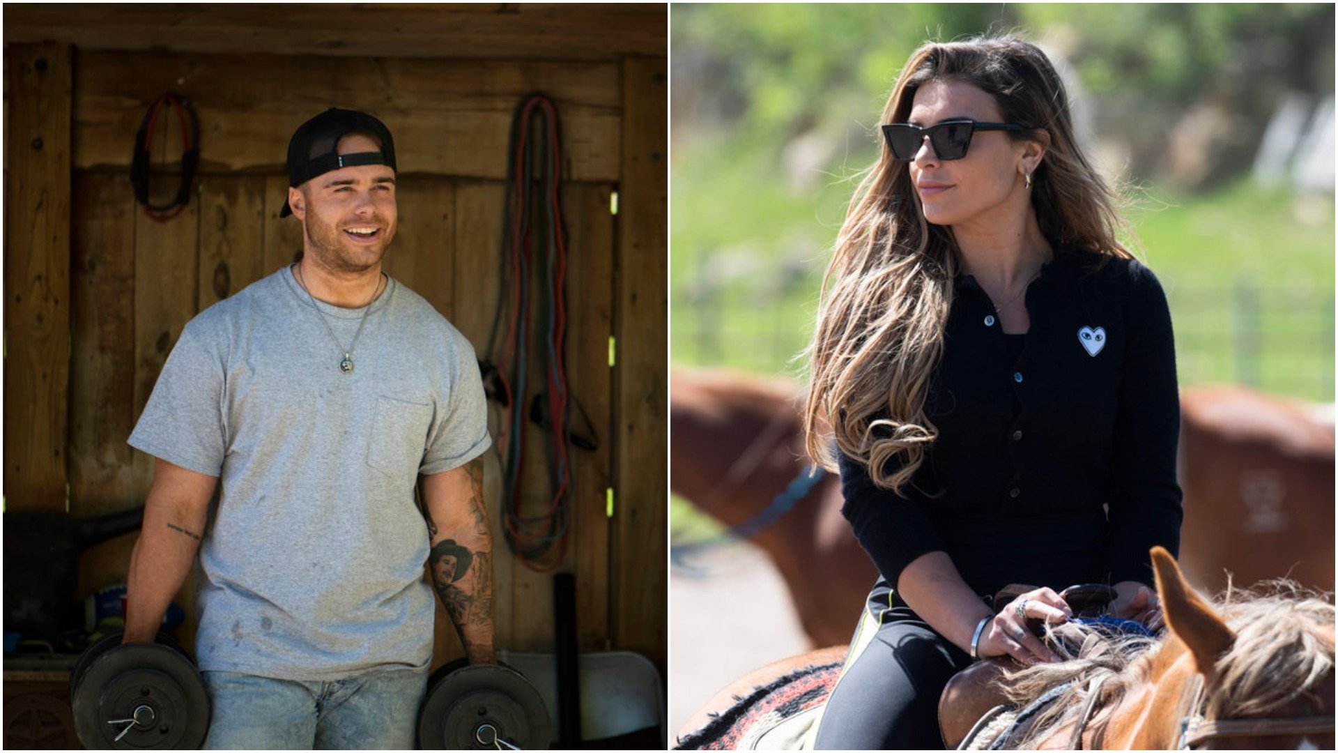Austin Gunn carries weights and Hana Giraldo rides a horse on 'Relatively Famous: Ranch Rules'