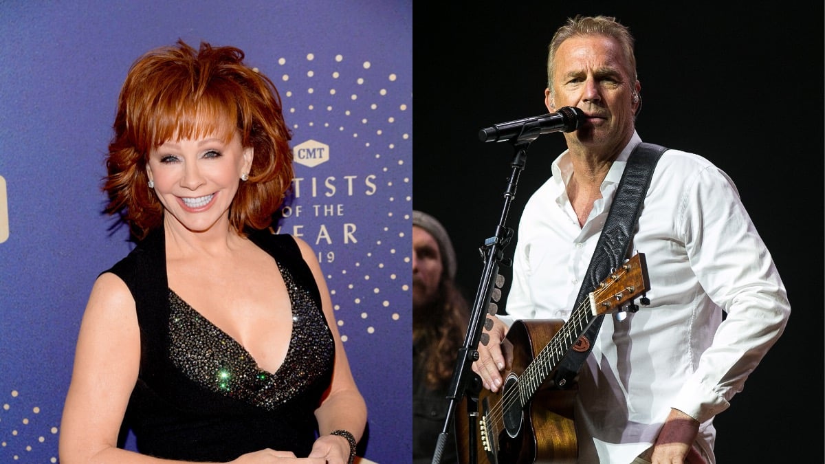 (L) Reba McEntire smiles and poses in a black, sequined dress (R) Kevin Costner plays guitar and stands in front of a microphone on stage