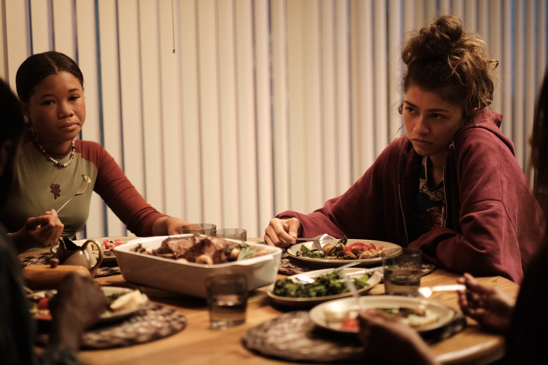 Rue and Gia sitting at their kitchen table in 'Euphoria'