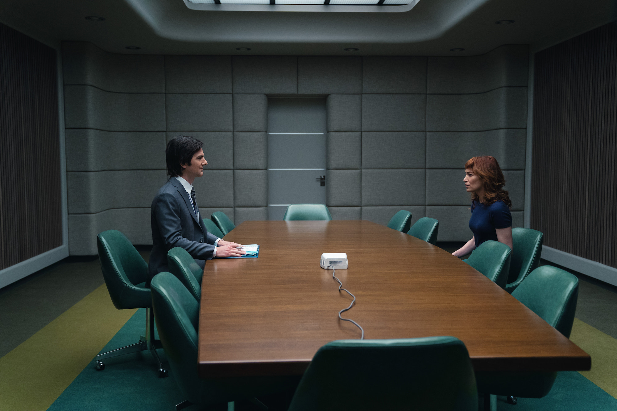 'Severance' star Adam Scott interviews Britt Lower in the conference room